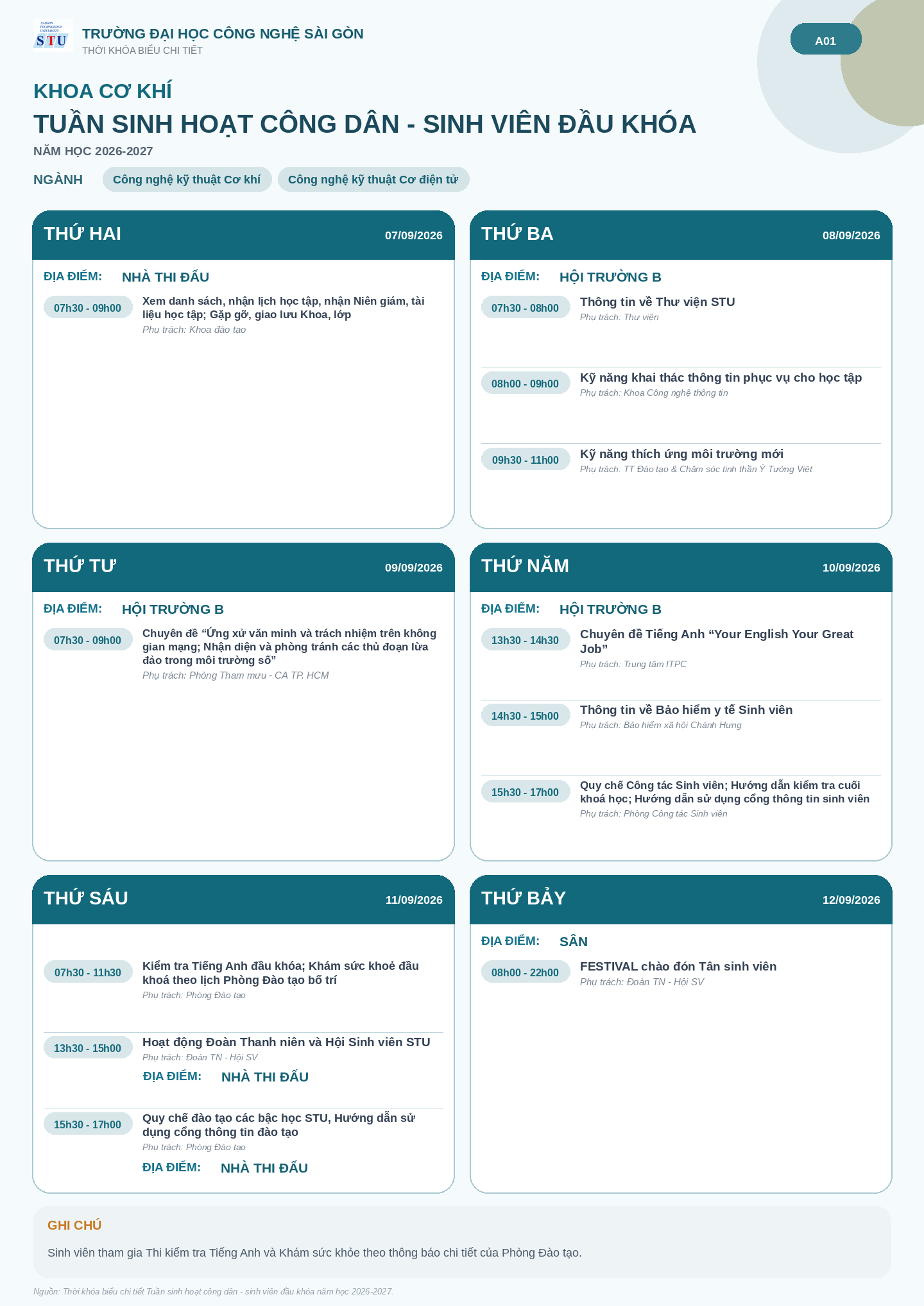 Infographic lịch sinh hoạt đầu khóa - Khoa Cơ khí