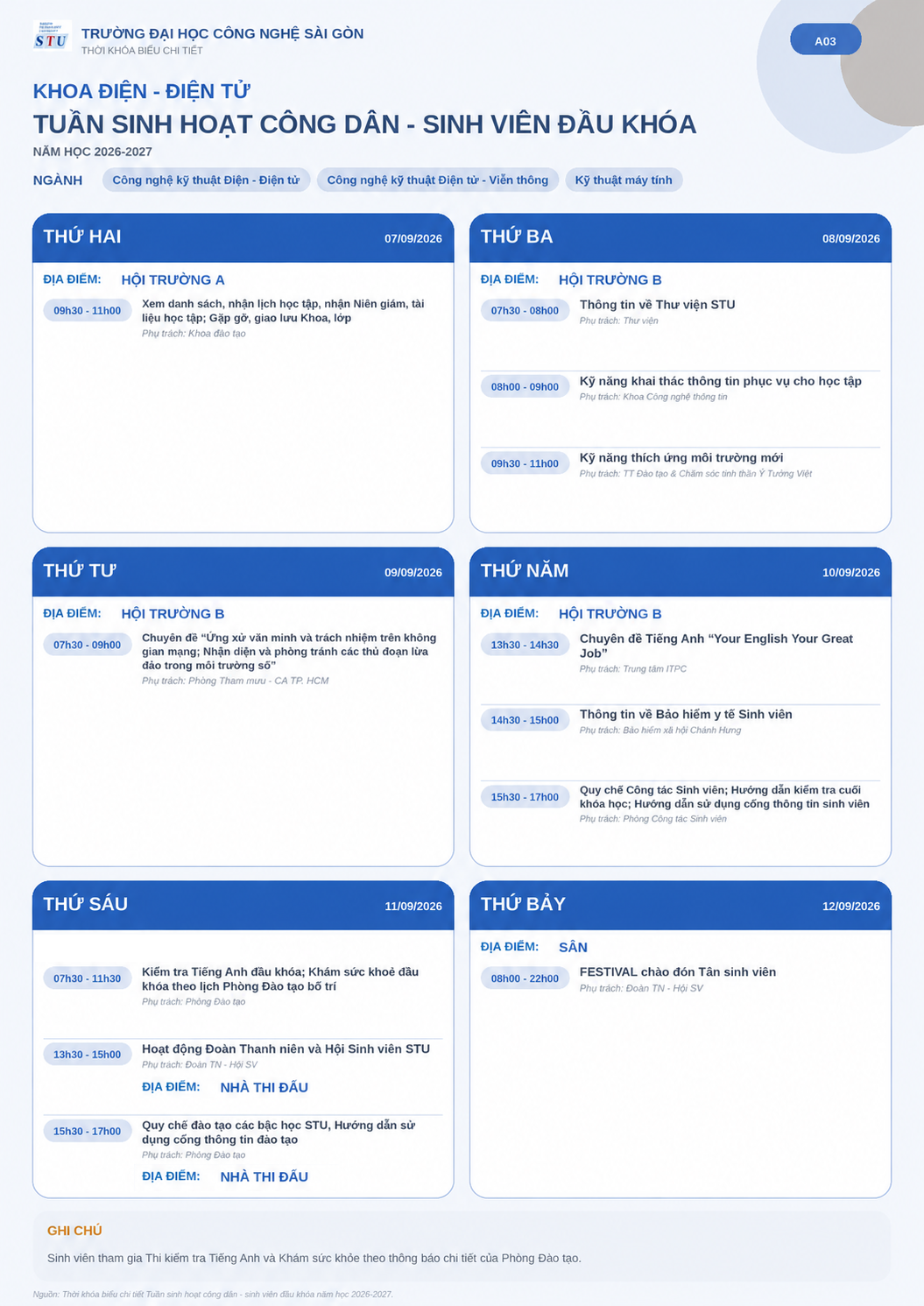 Infographic lịch sinh hoạt đầu khóa - Khoa Điện - Điện tử