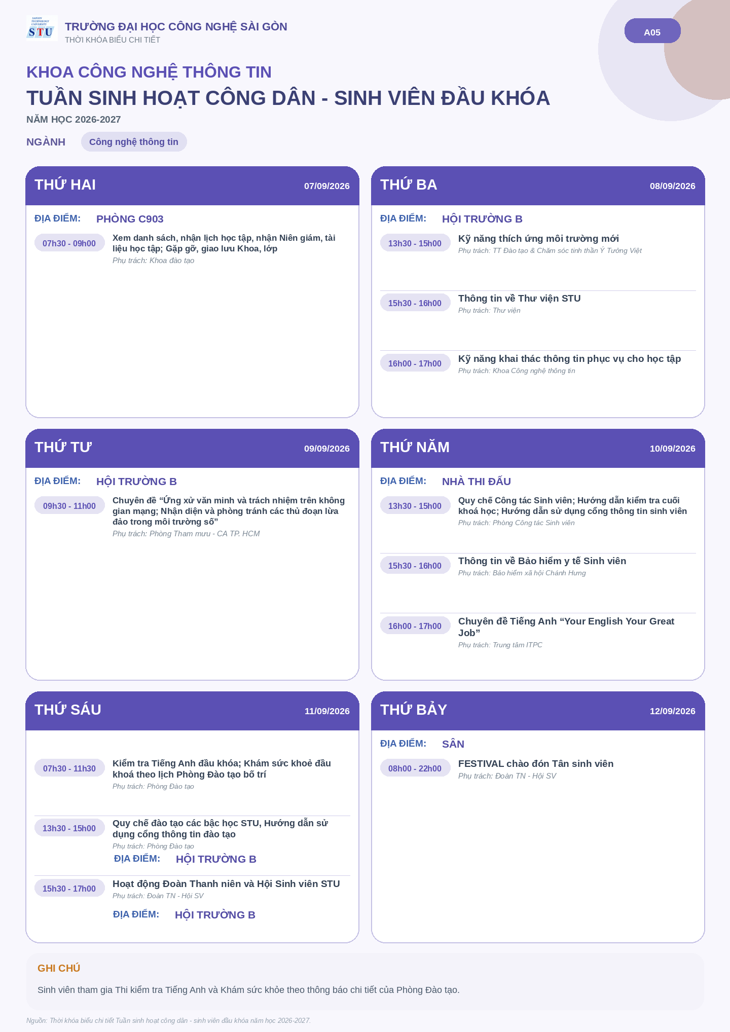Infographic lịch sinh hoạt đầu khóa - Khoa Công nghệ thông tin