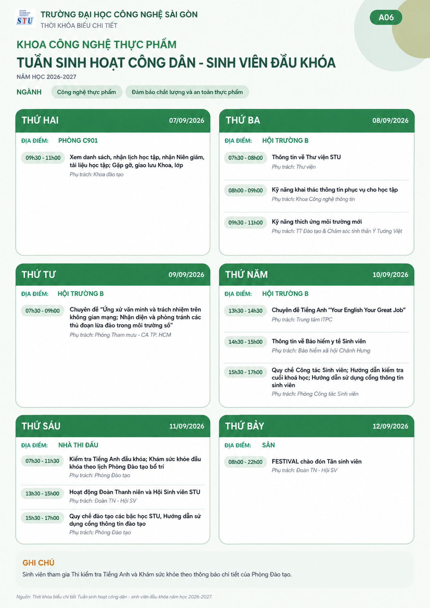 Infographic lịch sinh hoạt đầu khóa - Khoa Công nghệ thực phẩm