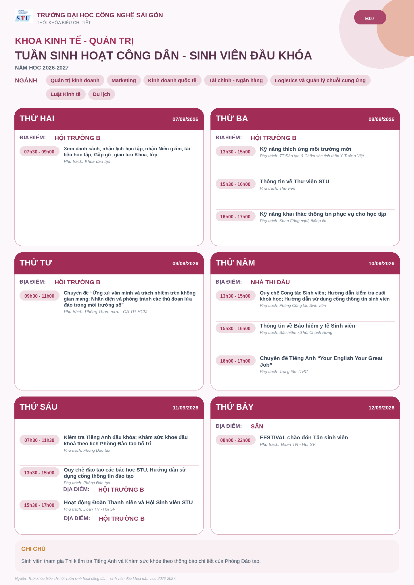 Infographic lịch sinh hoạt đầu khóa - Khoa Kinh tế - Quản trị