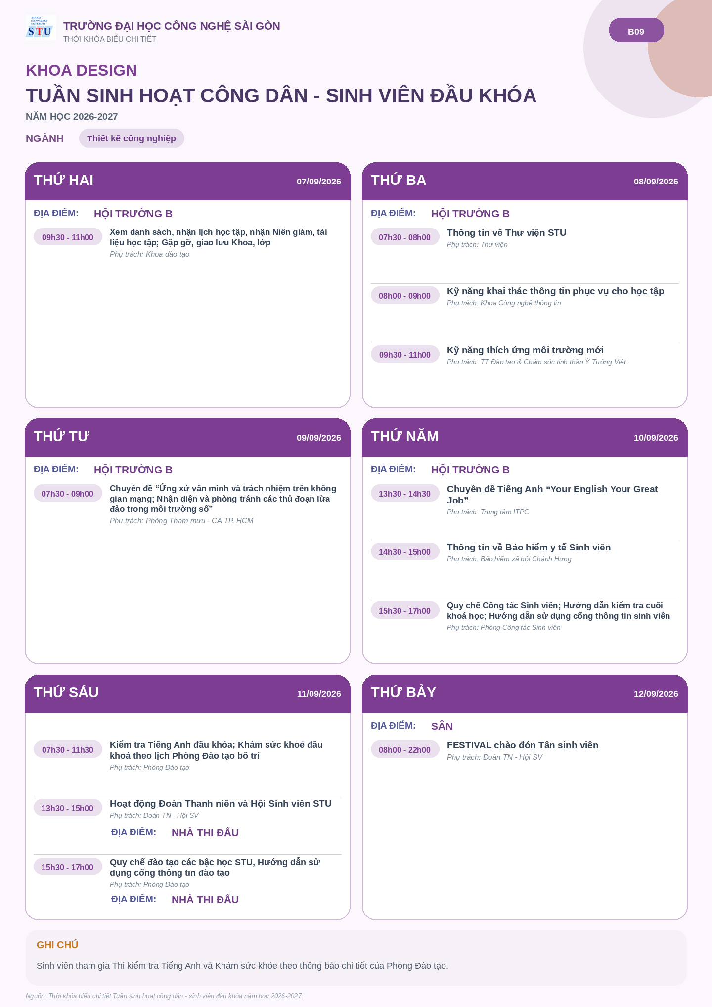 Infographic lịch sinh hoạt đầu khóa - Khoa Design